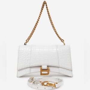 Balenciaga White Calfskin Crocodile Embossed Hourglass Shoulder Bag
